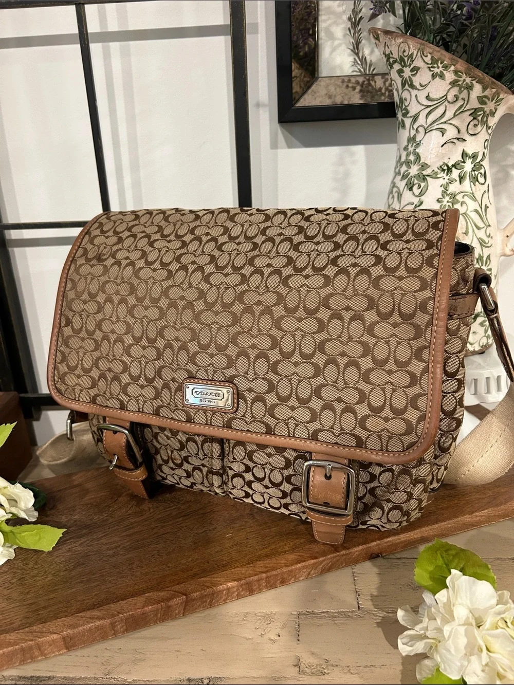 Coach Tan and Brown Signature Canvas Messenger Bag
